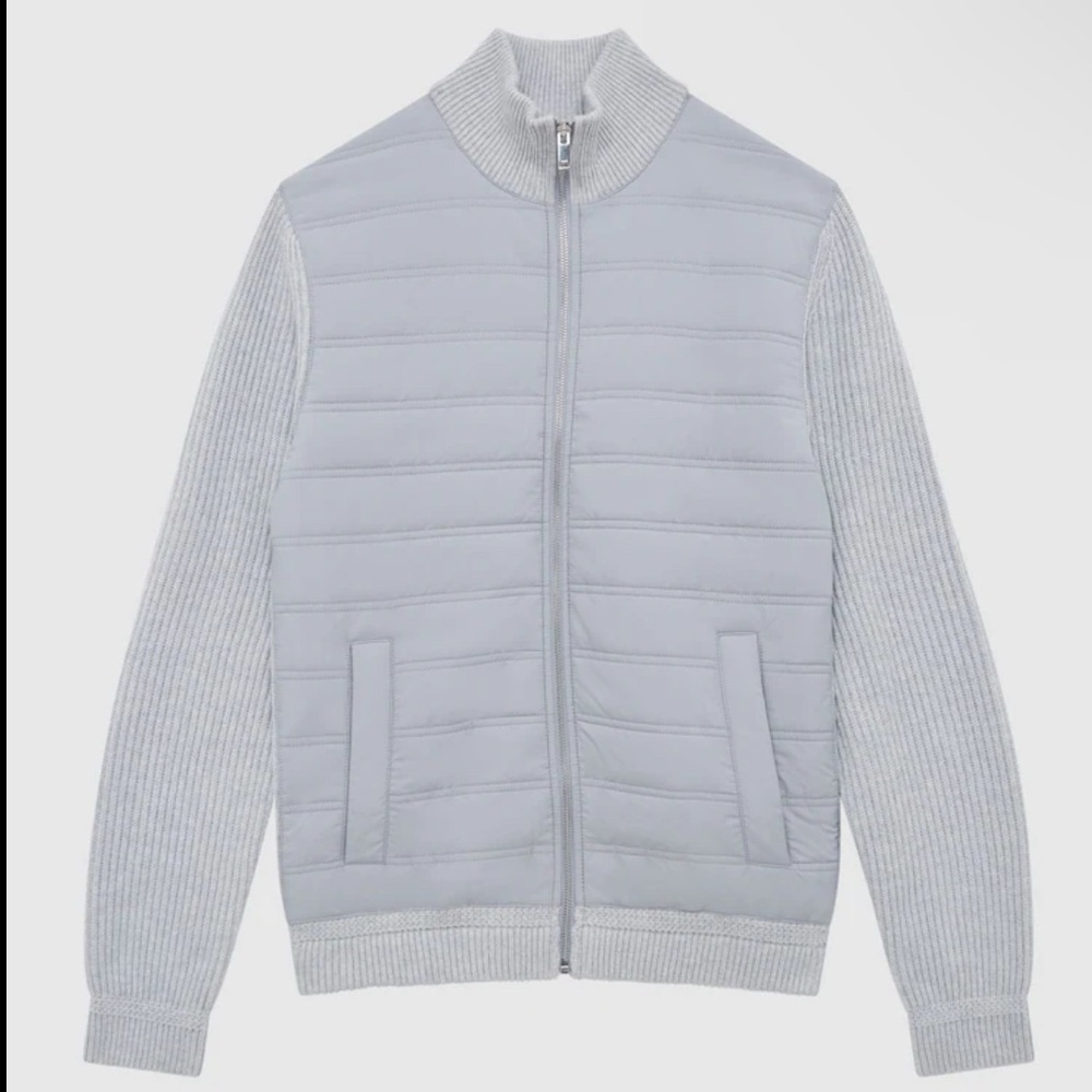 Reiss Soft Grey Trainer Hybrid Quilt and Knit Zip-Through Jacket Men’s Size M